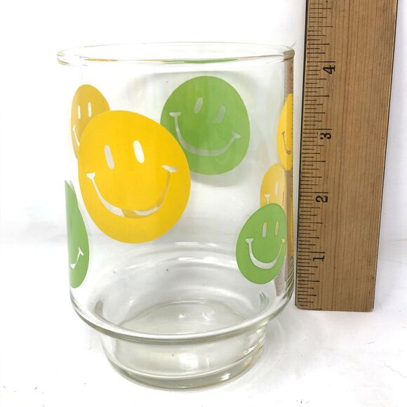 4 VTG 70s LIBBEY SMILEY FACE Stackable Glass Tumblers Green & Yellow 4 1/4" MCM - Picture 9 of 10